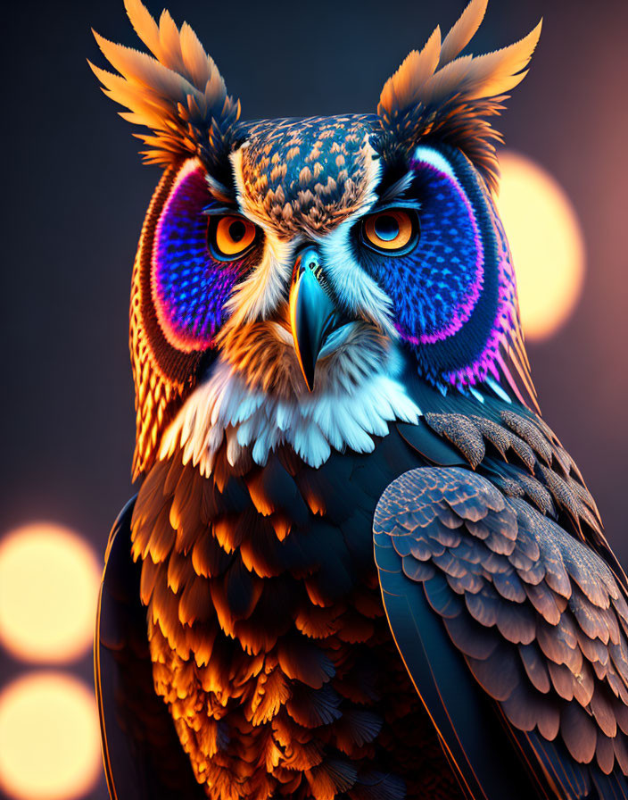 Vibrant Owl Illustration with Orange, Blue, and Purple Feathers