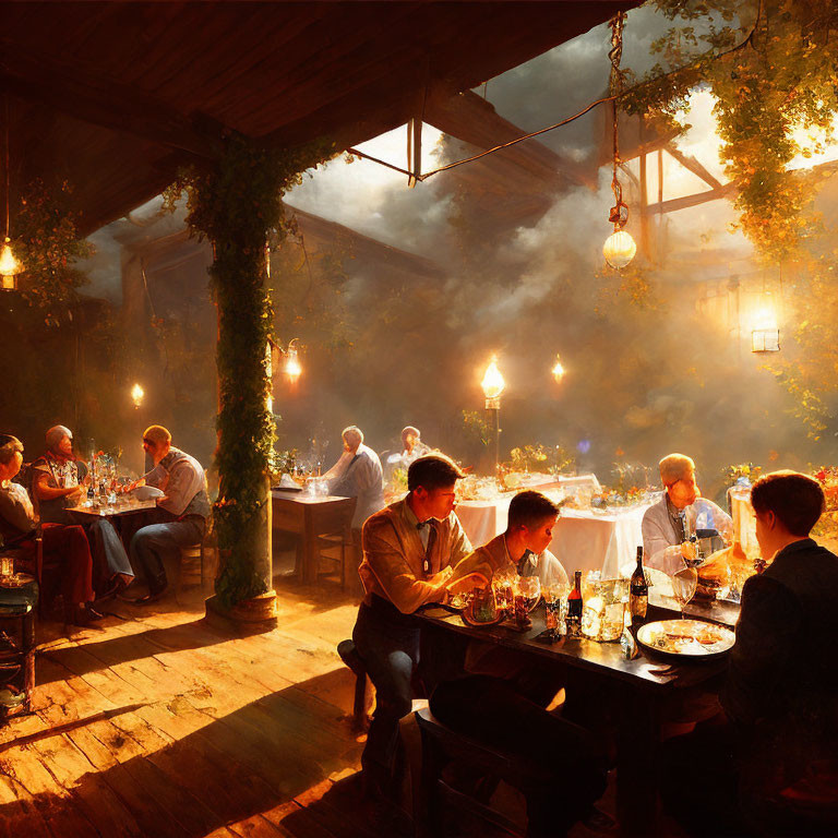 Warmly-lit outdoor dinner scene with rustic decor and hanging lamps