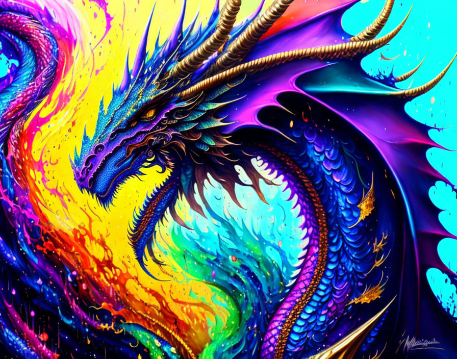 Colorful fantastical dragon with golden horns and rainbow breath.