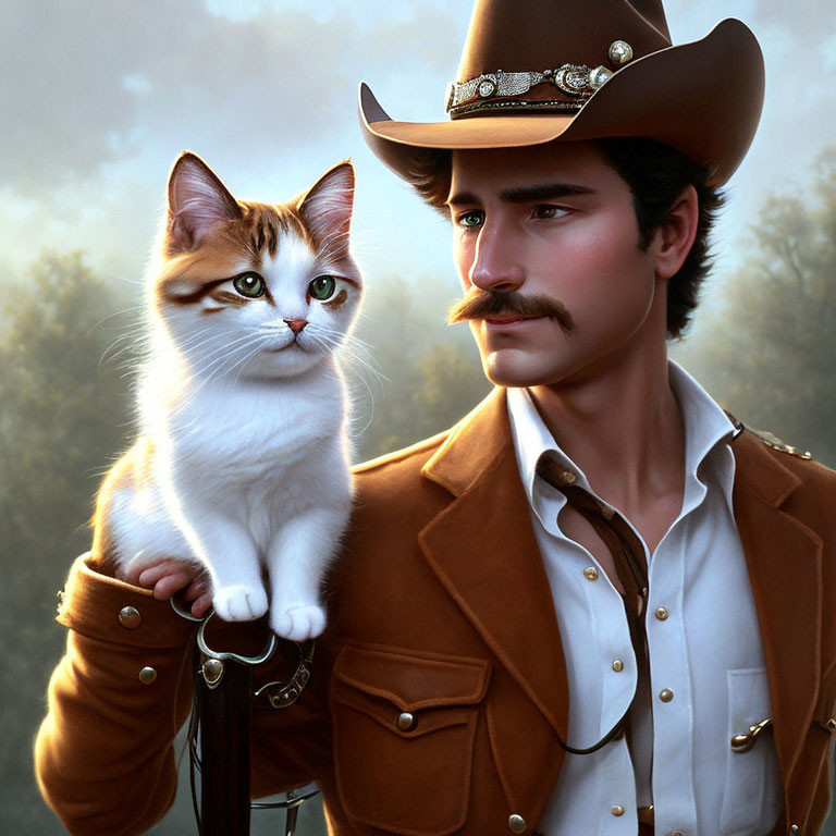 Stylized digital painting of man in cowboy hat with mustache holding white and ginger cat