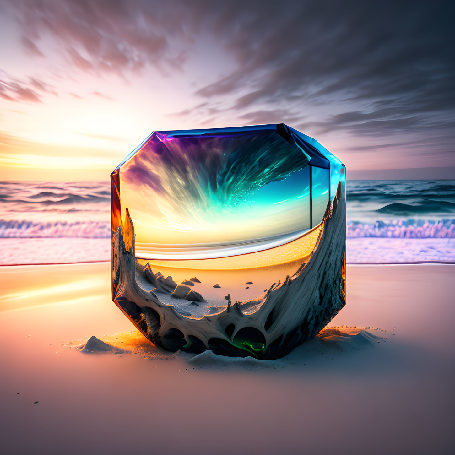 Dynamic Ocean Scape Reflected in Radiant Prism