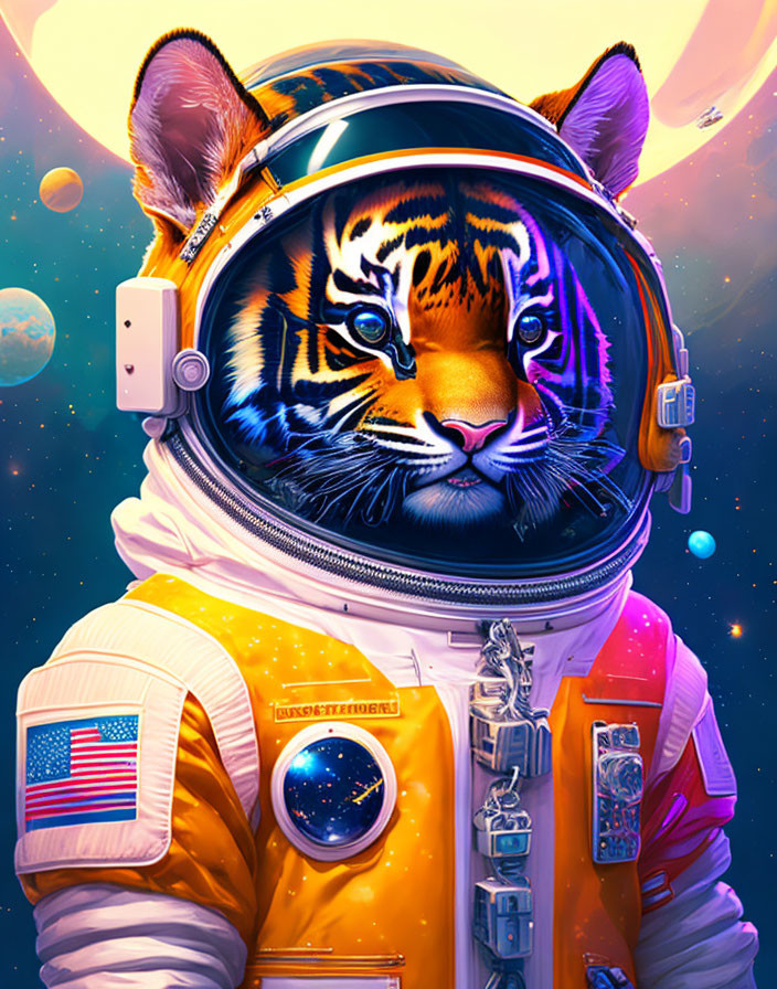 Colorful Tiger Astronaut with American Flag Patch in Cosmic Scene