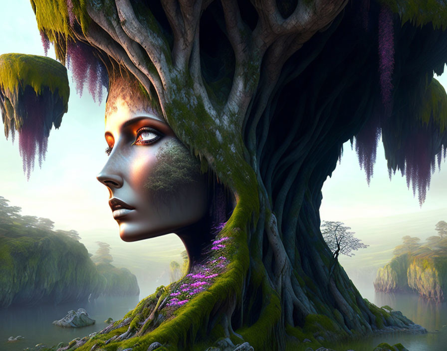 Fantastical image of a woman's face in a tree trunk in serene landscape