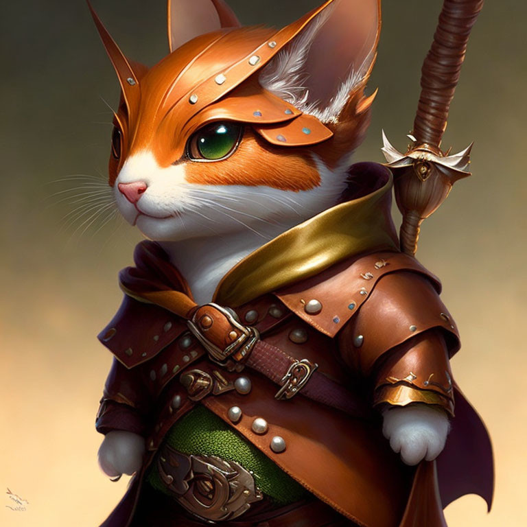 Anthropomorphic cat warrior in ornate leather armor with cloak and quiver.