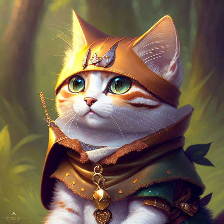 Fantasy cat illustration in medieval attire with forest backdrop