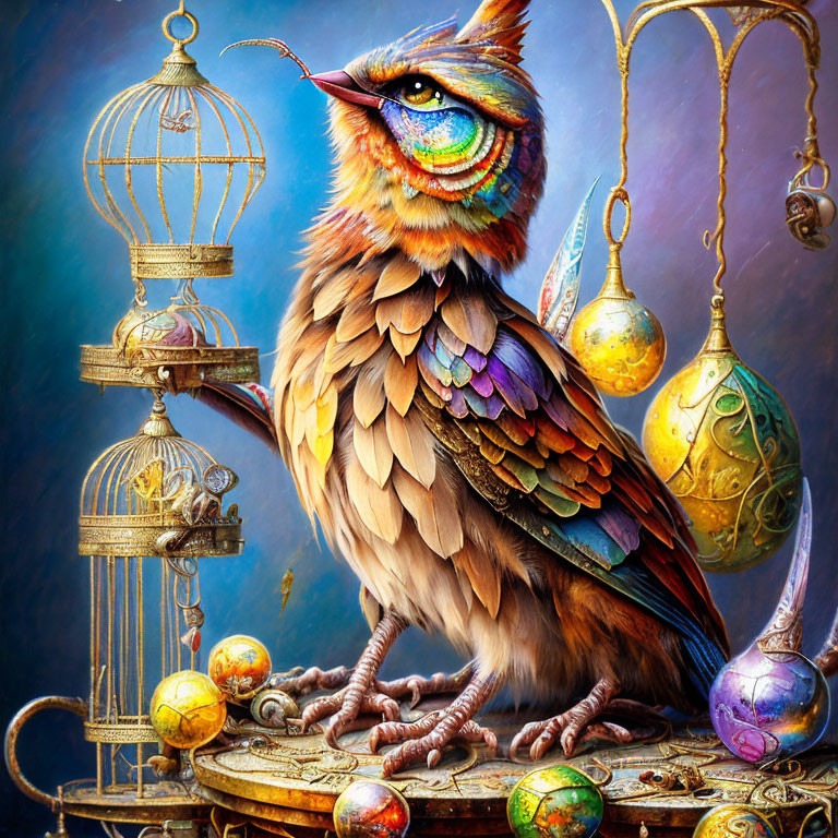 Colorful Fantastical Bird Next to Ornate Open Birdcage Amid Whimsical Objects