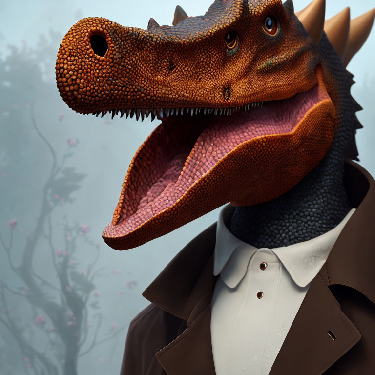 Anthropomorphic dinosaur in suit against foggy forest.