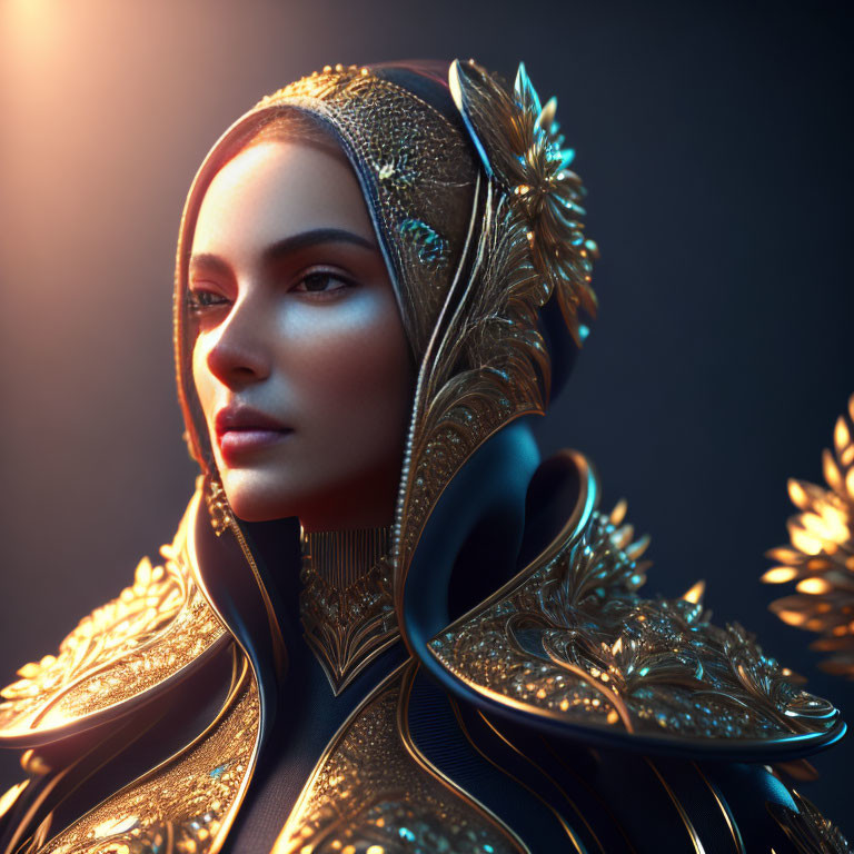 Regal Woman with Golden Headgear and Shoulder Armor in 3D Art