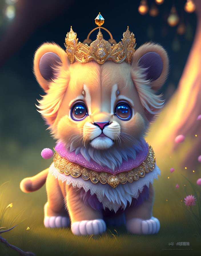 Illustration of a regal lion cub in crown and cape in mystical forest