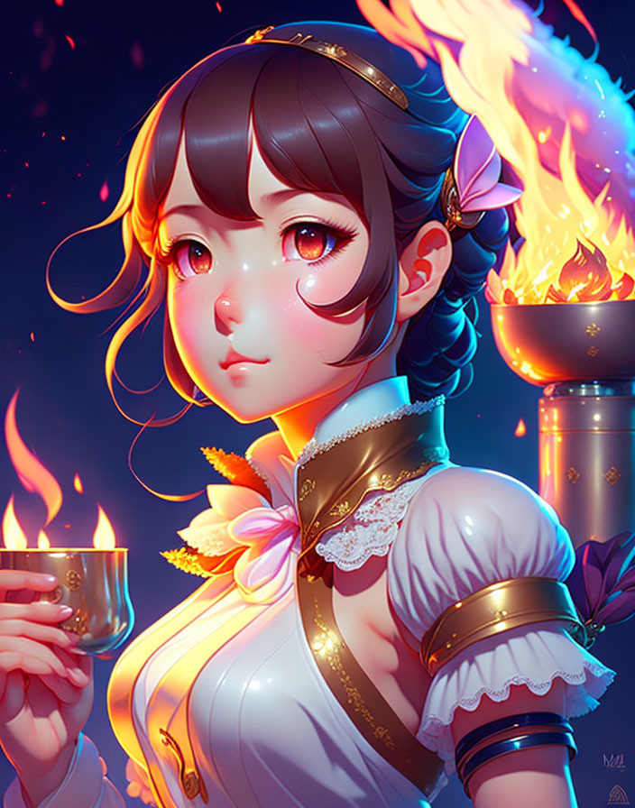 Illustration of a girl with expressive eyes holding a flame amidst fiery motifs