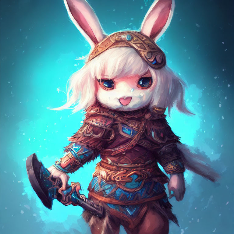 Anthropomorphic rabbit in armor with axe in fantasy setting