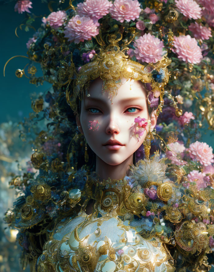 Digital portrait of woman with golden headpiece and pink flowers