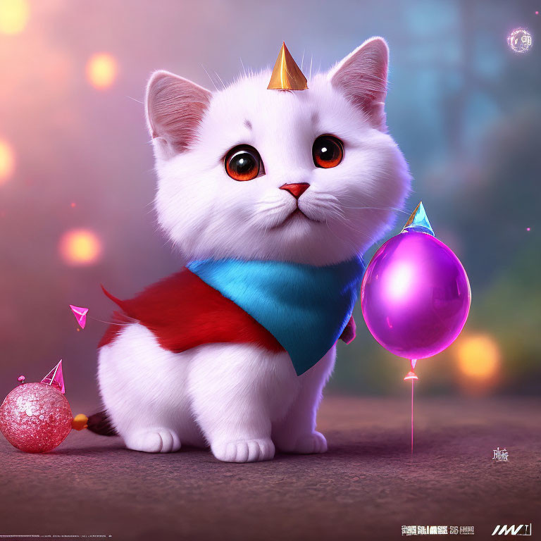 Adorable white fluffy kitten with party hat and scarf beside colorful baubles