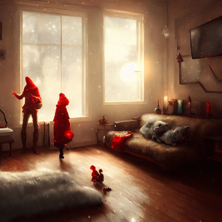 Cozy Room with Snowy Window, Red Hoodie, Dog, and Festive Decorations