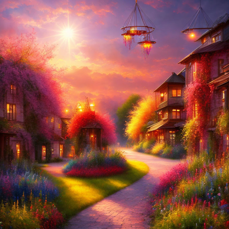 Vibrant flowers, lanterns, and sunset light in scenic village.