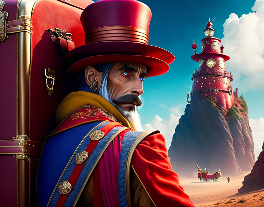 Whimsical character with tall red hat and blue facial hair next to a red suitcase, lighthouse