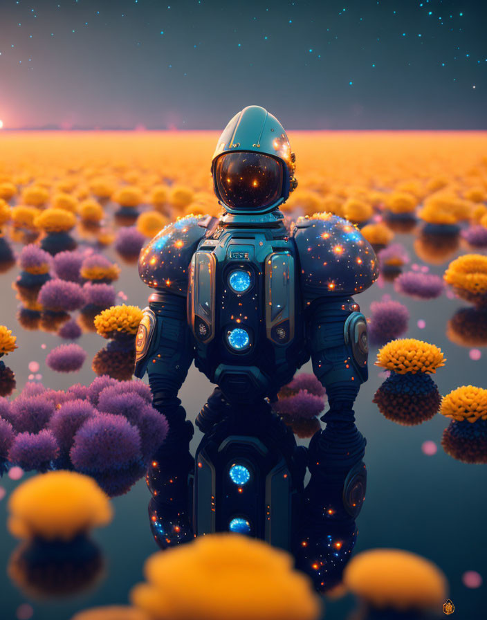 Astronaut in reflective helmet surrounded by orange and purple flowers in surreal landscape