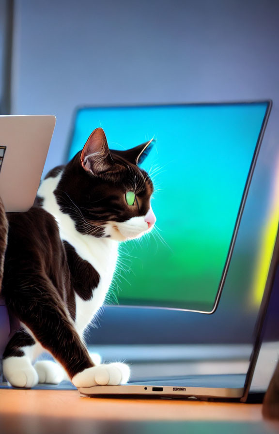 Black and white cat next to open laptop in dimly lit room