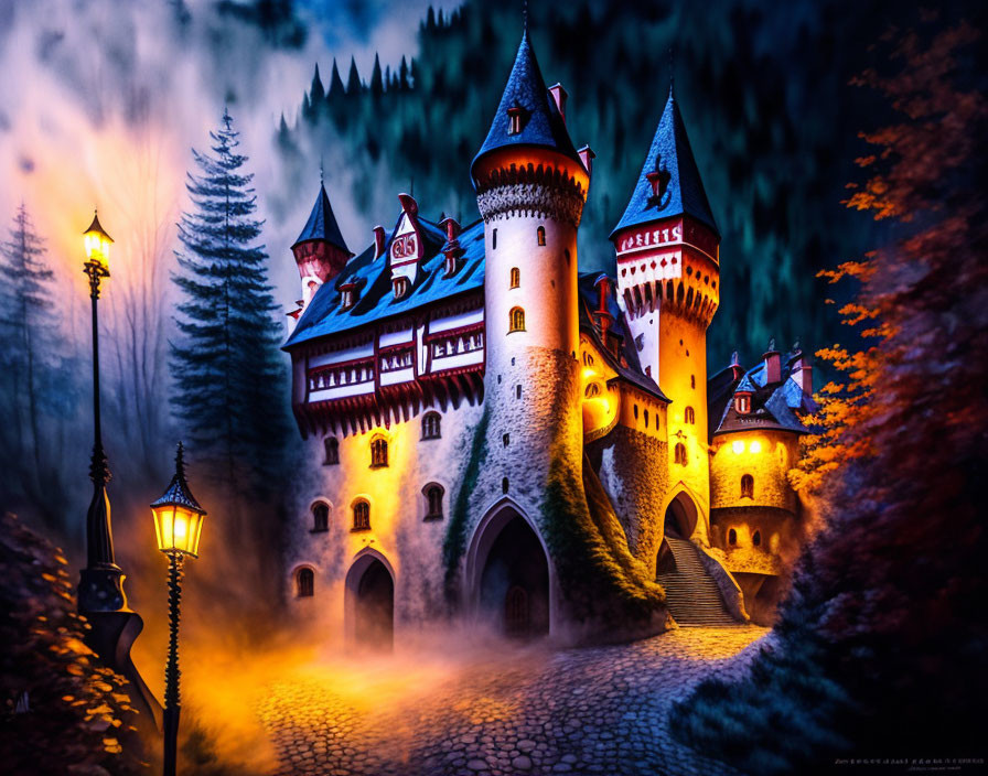 Fantastical castle with illuminated towers in misty forest landscape at twilight