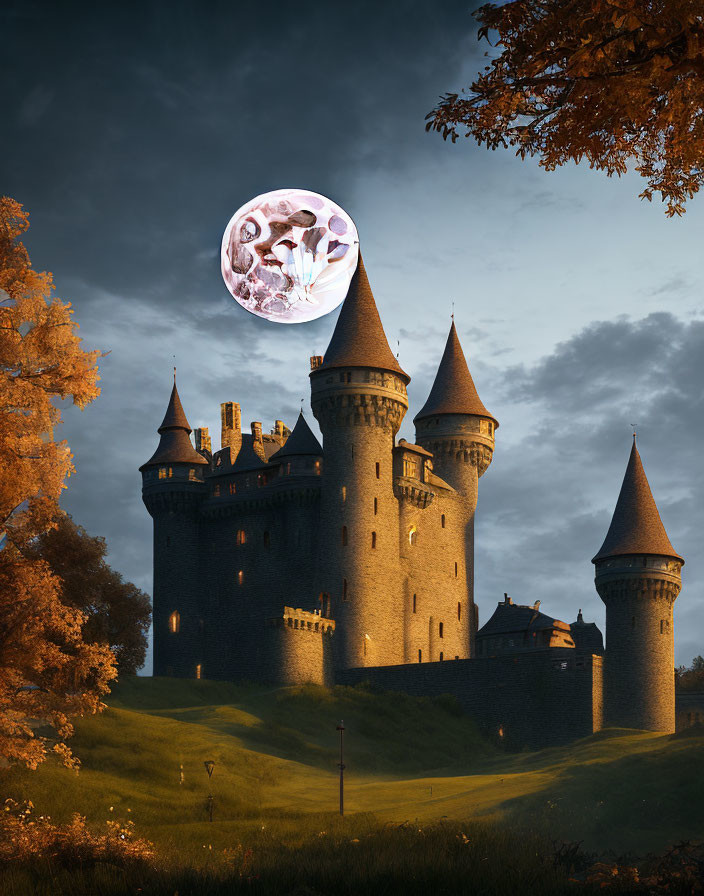 Medieval castle on hill with lush greenery at twilight under large moon with mythical animal figures