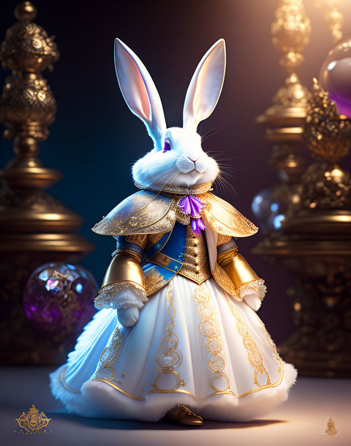 Luxurious anthropomorphic rabbit in gold-accented gown among golden artifacts