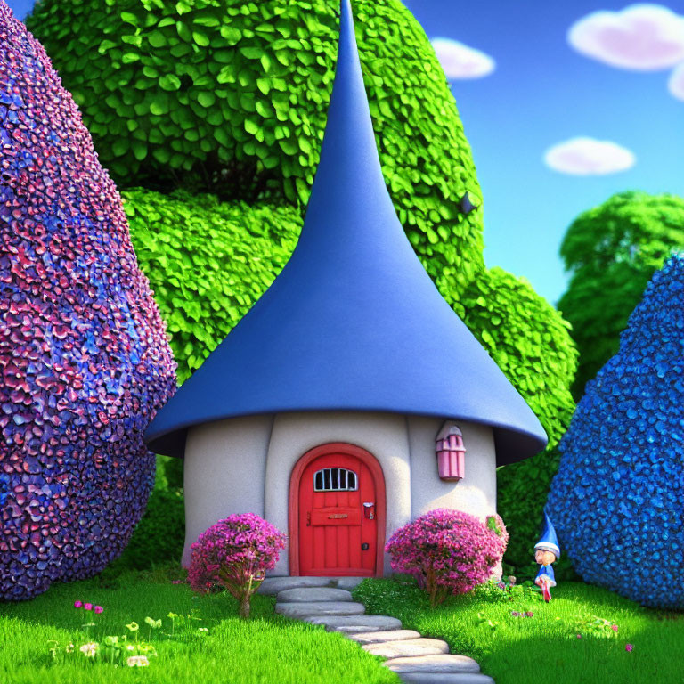 Colorful garden scene with small character in front of quaint house