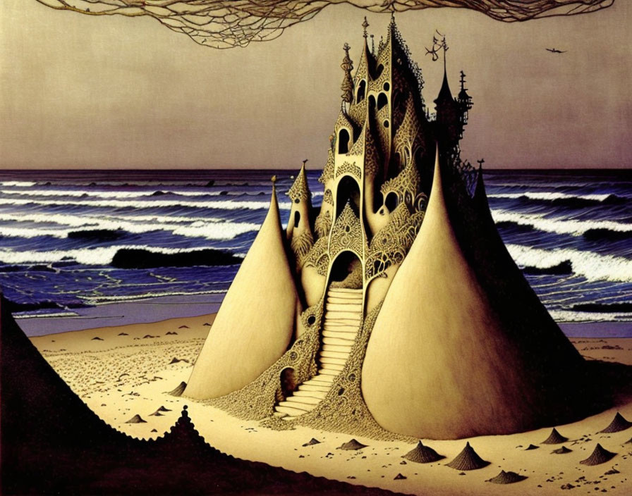 Fantasy-like castle with slender towers on sandy shore by wavy sea.