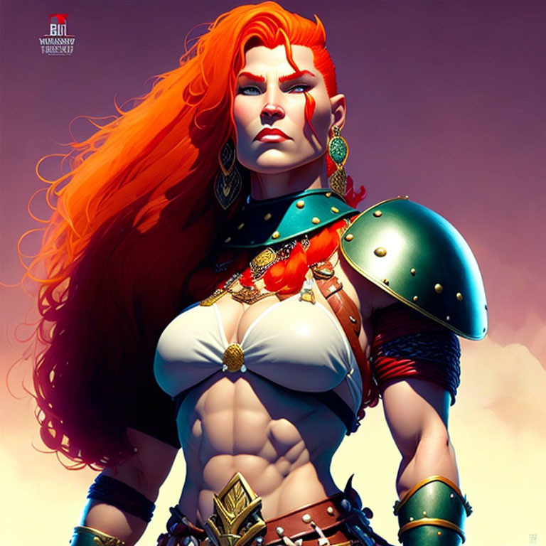 Female warrior in fantasy armor with red hair and blue eyes