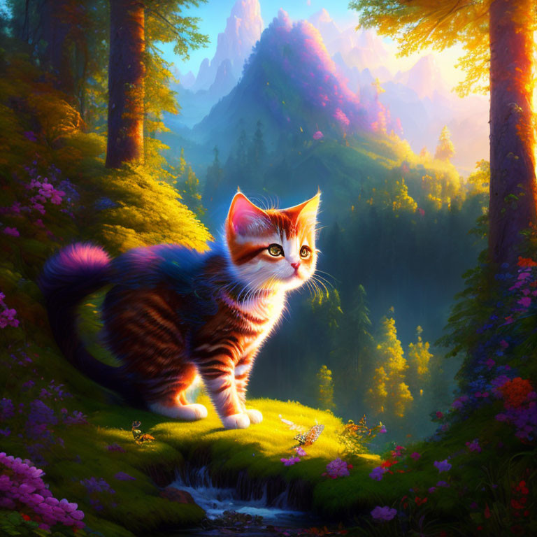 Fluffy kitten on grassy ledge by stream with colorful forest view