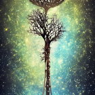 Bare tree on celestial hourglass with cosmic background and ancient symbol