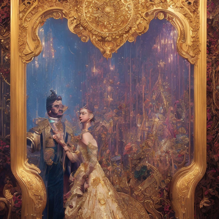 Man and woman in golden masquerade attire near gilded mirror in mystical forest.