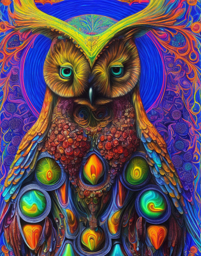 Colorful Psychedelic Owl Illustration with Swirling Patterns