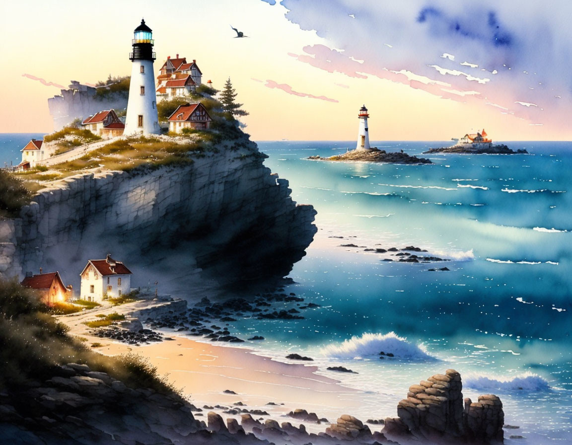 Coastal cliff scene with lighthouses and ocean view