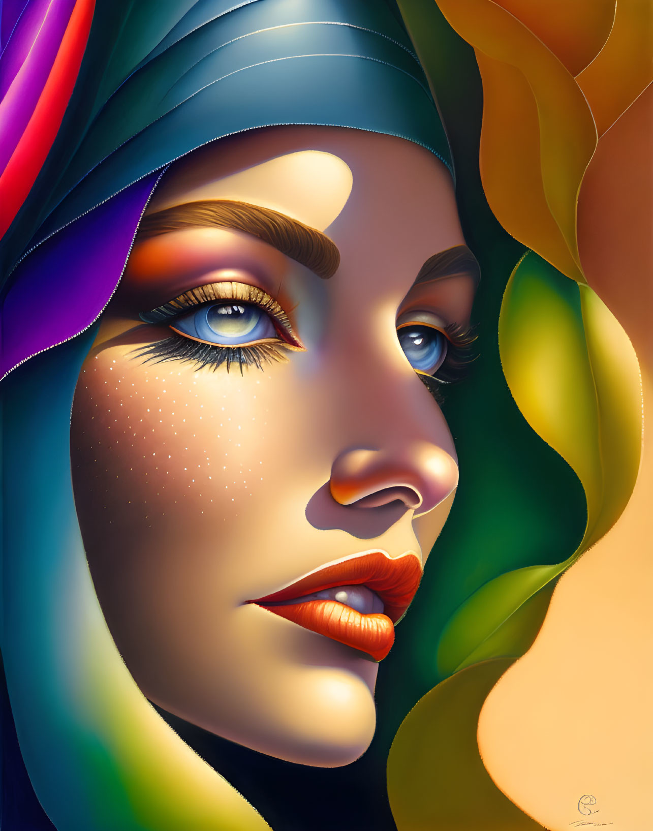 Woman with Blue Eyes and Orange Lips in Colorful Headscarf