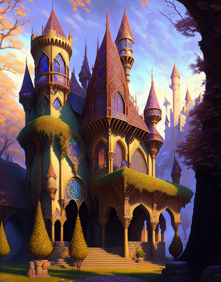 Majestic fantasy castle with tall spires in sunset-lit forest