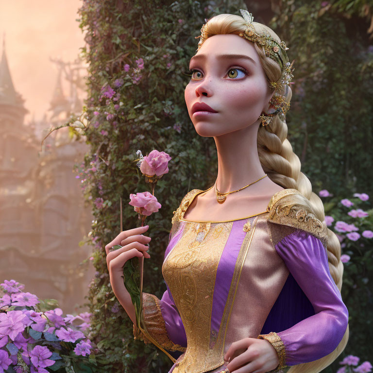 Animated princess with braided hair, golden tiara, purple dress, holding pink rose in castle backdrop