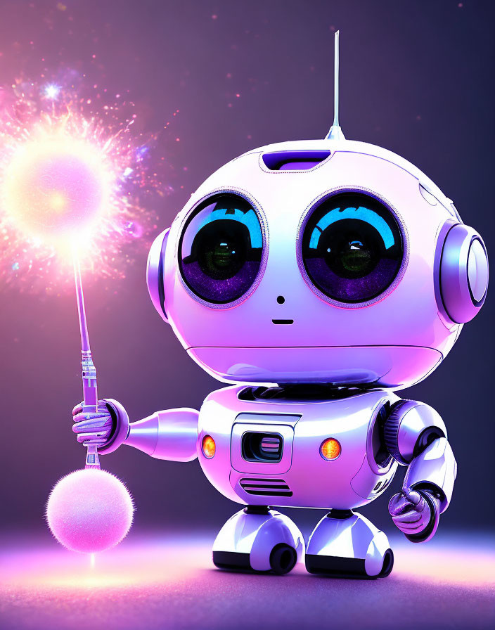 Stylized robot with glowing wand on purple backdrop