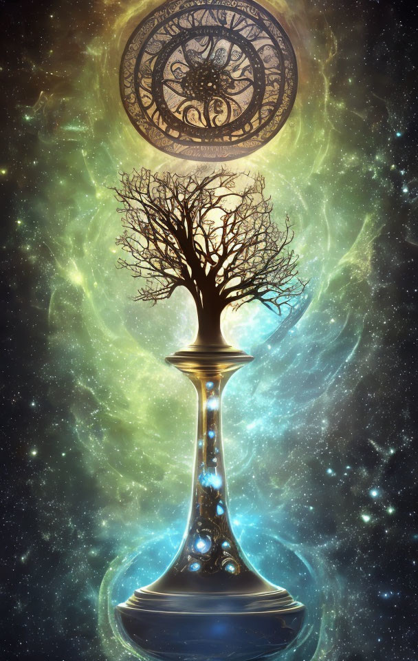 Bare tree on celestial hourglass with cosmic background and ancient symbol