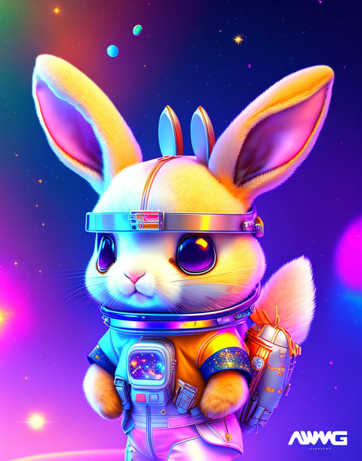 Illustration of cute rabbit astronaut in futuristic suit against starry space.