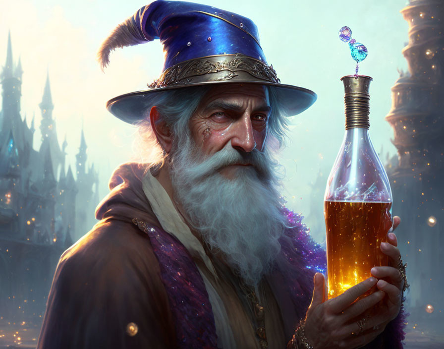 Elderly wizard with glowing potion and magical castle in the background