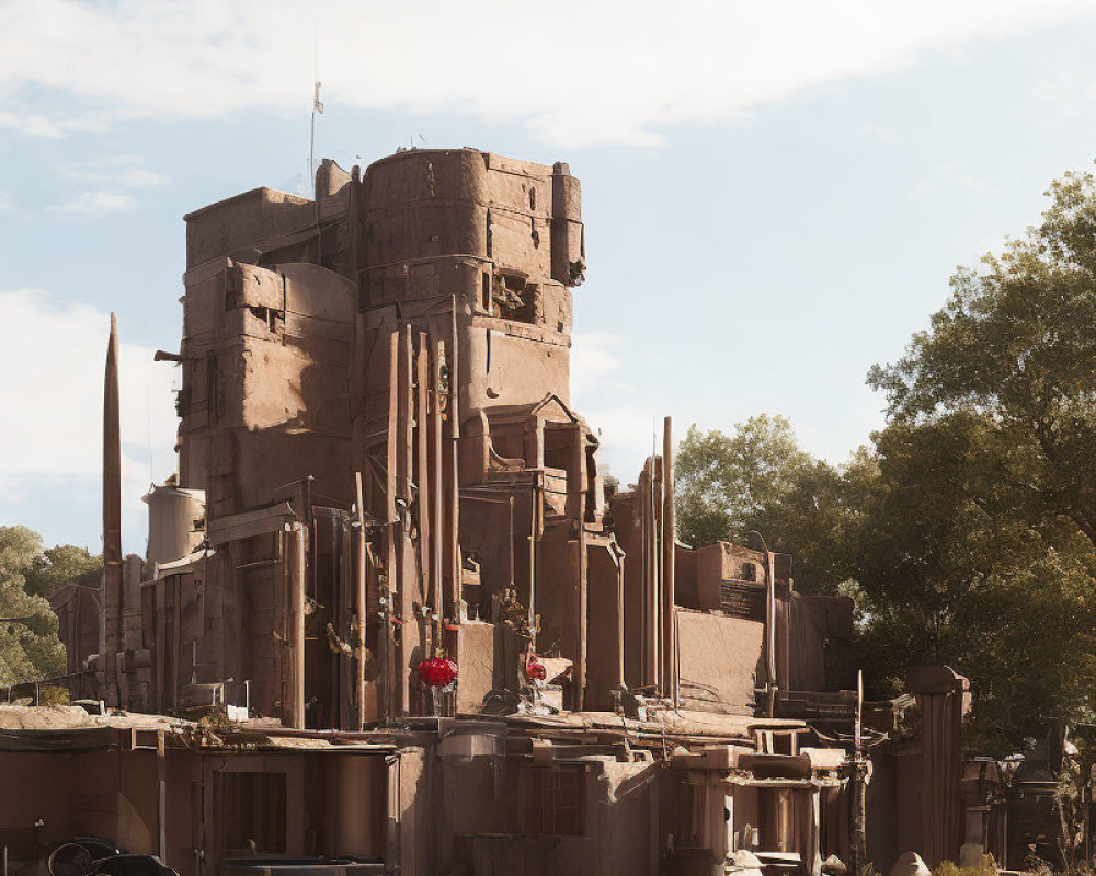 Adobe multi-story building with protruding elements and pipes in sparse vegetation landscape