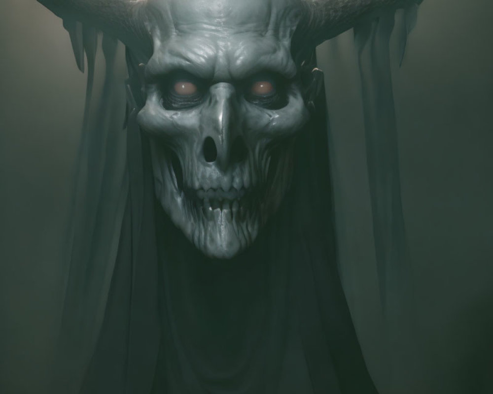 Illustration of Skull with Large Horns and Glowing Red Eyes