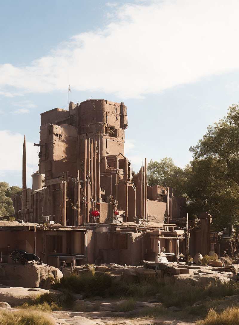 Adobe multi-story building with protruding elements and pipes in sparse vegetation landscape