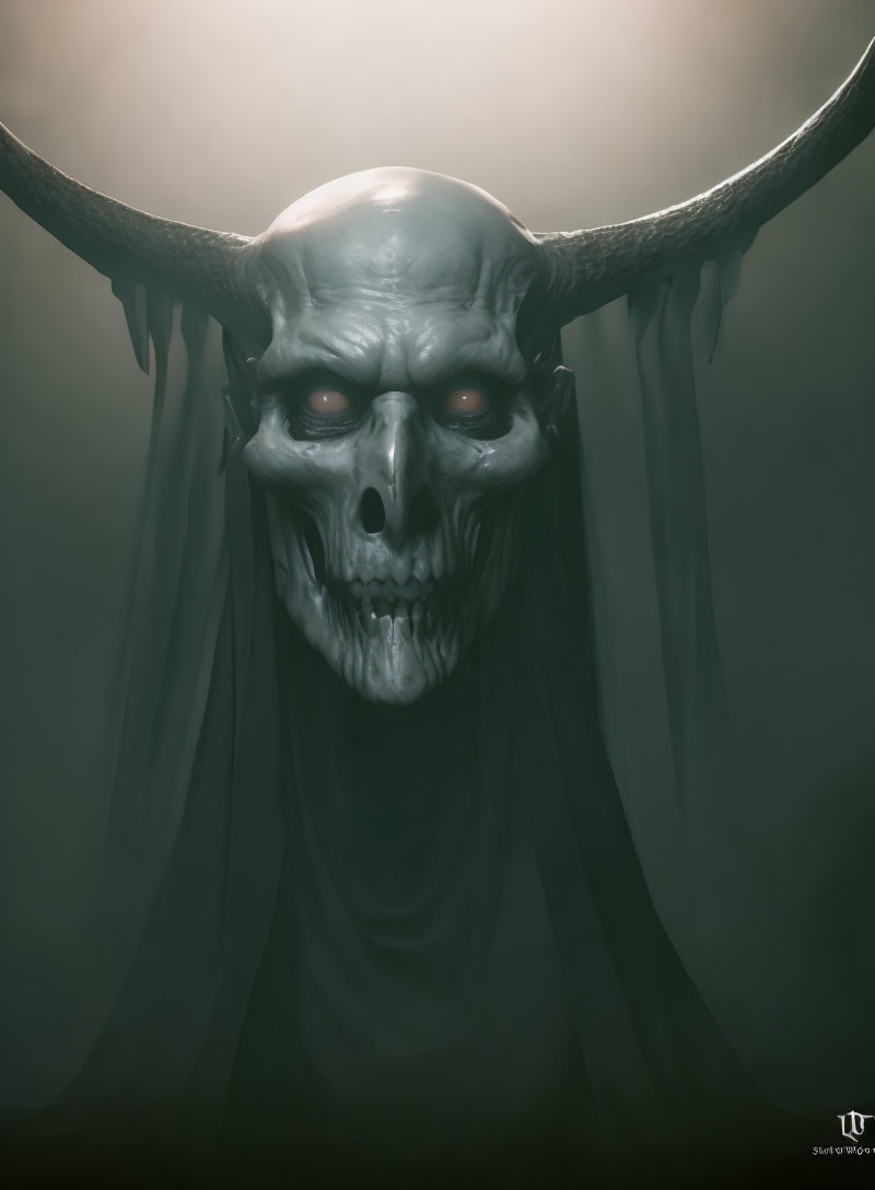 Illustration of Skull with Large Horns and Glowing Red Eyes