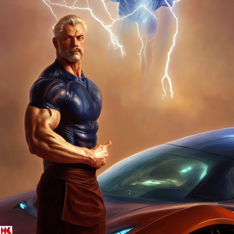 Muscular man with white hair and beard, lightning background, sports car - illustration