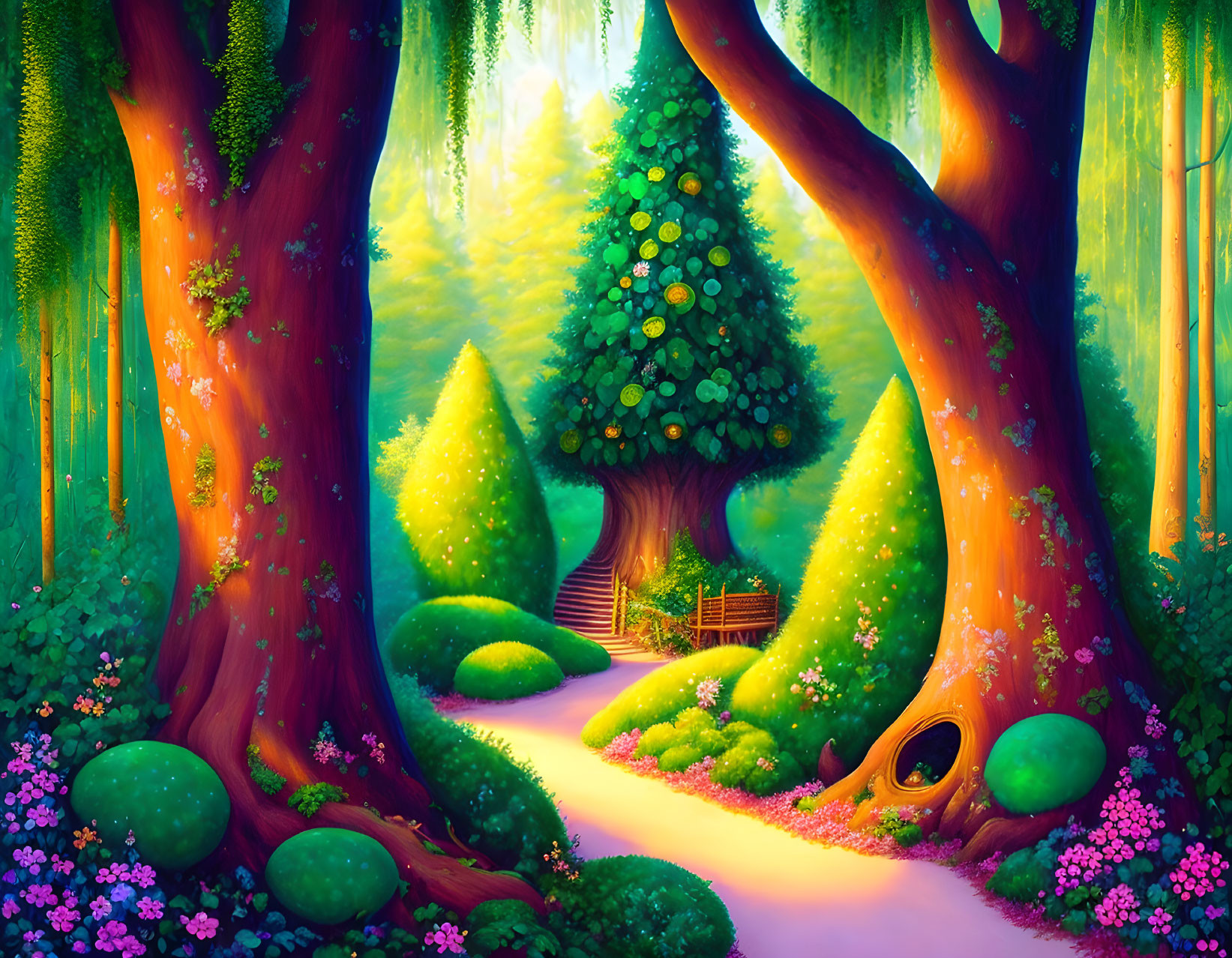 Enchanted forest with glowing pathway and colorful flora