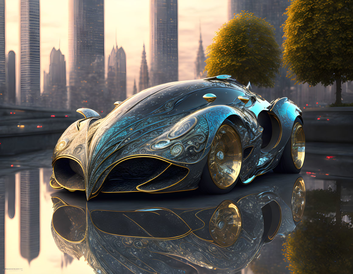 Futuristic black and blue car with gold detailing by water feature at cityscape at dawn or dusk