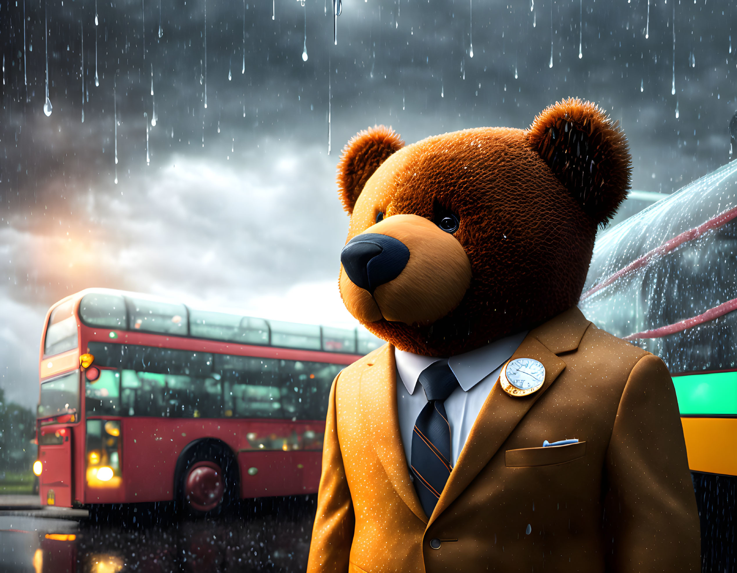 Teddy bear in suit standing in rain with red double-decker bus