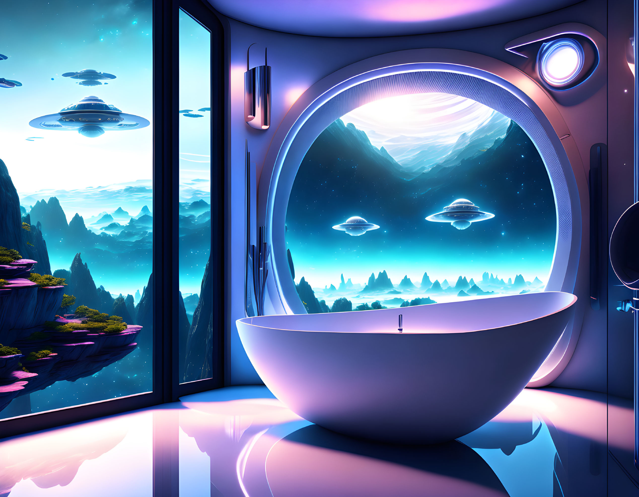Large Oval Tub in Futuristic Bathroom Overlooking Alien Landscape