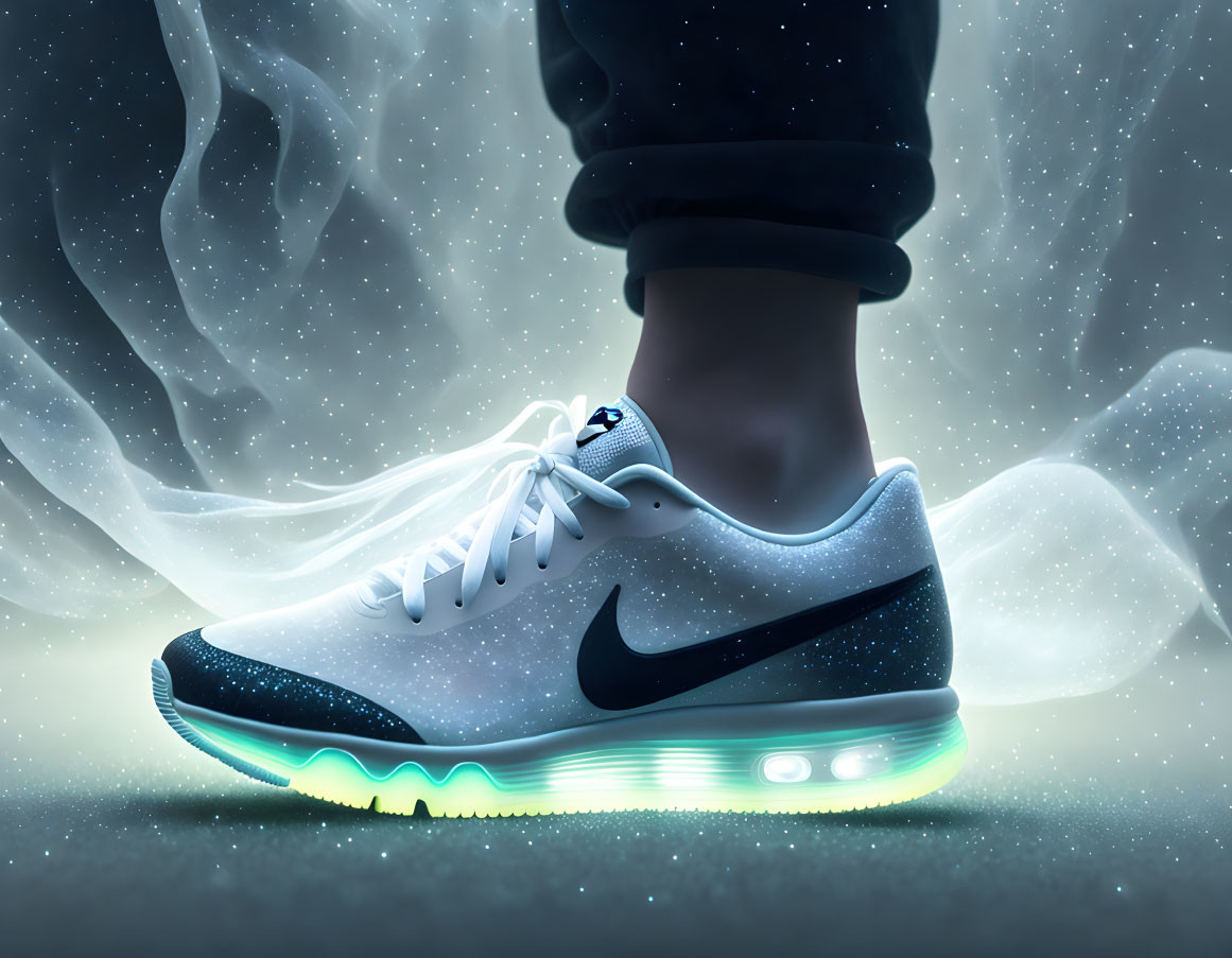 Glowing white and black sneaker on person's foot against mystical blue background